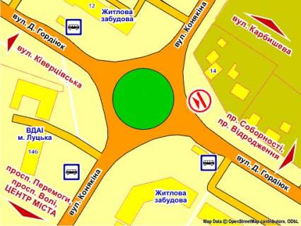 Білборд, Бігборд (Борд)  A у Луцьку вул. Гордіюк  навпроти буд № 14 (кільцева розв'язка), зліва схема