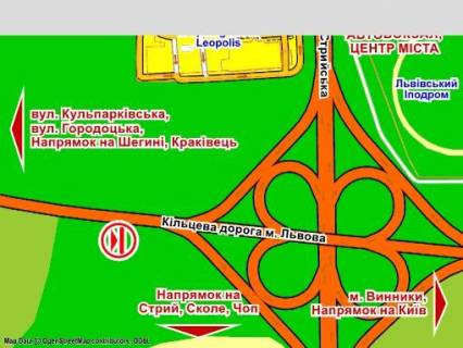 Видеоборд A в трасах Львова Західний обхід м.Львова, км 15+50 м (біля ТЦ "Кінг Кросс",  розмір 5 х 12 м, екран - 563521 схема