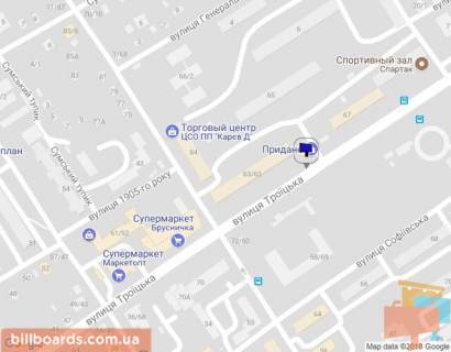 Билборд B в Кременчуге ул. Троицкая (Красина), 67, район супермаркетов «Брусничка», «Маркетопт», направление из центра схема