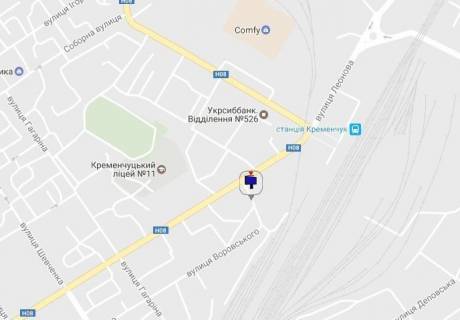 Билборд A в Кременчуге, 3 х 6  вул. Старшого лейтенанта Кагала (колишня вул. Першотравнева), 46, перехр. з вул. Театральною, біля клініки «Європейська медицина», р-н автовокзалу і з/д вокзалу схема