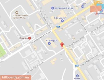 Призма A в Кременчуге ул. Небесной Сотни(ул.Пролетарская) 3а, перекр. с ул. Театральной (ул.Воровского), возле супермаркетов «АТБ», «Эльдорадо», «Billa», «ЭКОмаркет» и Центрального рынка - 87172 схема