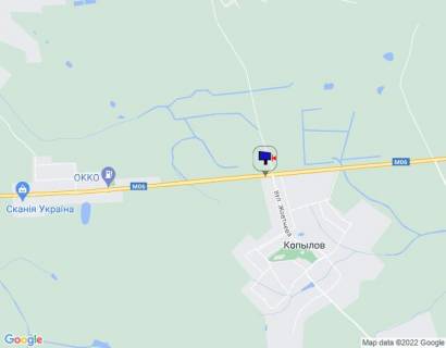Билборд B в Копилові с. Копилів, траса М-06 "Київ-Чоп" (Житомир), км 46+500 ліво, через 150м після повороту на вул. Жовтнева та вул. Заводська схема