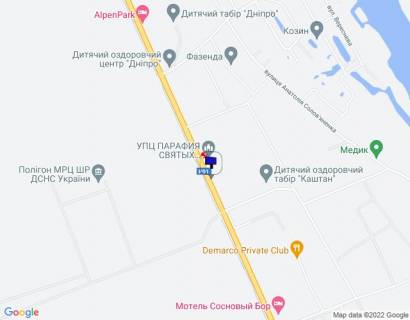 Білборд, Бігборд (Борд)  B у , Козин (Козин) Конча-Заспа, траса Р-01, км 32+450 ліво, через 250м після повороту на с. П'ятихатки (вул. Анатолія Солов'яненка), через 550м після повороту на вул. Лобановського схема