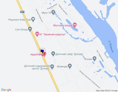 Билборд B в Козине Конча-Заспа, траса Р-01, км 31+600 право, навпроти готелю "AlpenPark", через 300м після повороту на вул. Лобановського, за 230м до автобусної зупинки, за 350м до котеджного містечка "Хвойний Квартал" схема