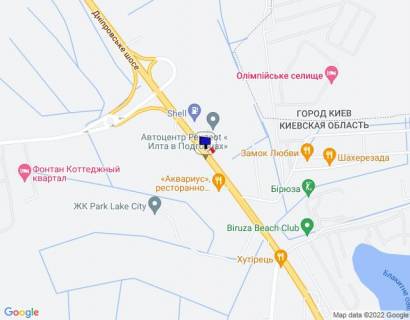 Билборд B в Київських трасах Дніпровське шосе, траса Н-01 "Київ-Знам'янка", км 25+600 право, через 100м після відділу продажу ЖК "Парк Лейк Сіті", за 100м до АЗС Shell, за 480м до розв'язки на с. Креничі схема