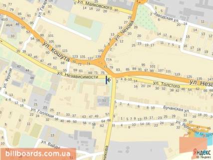 Ситилайт B в Тячеве вул. Незалежності, центр міста, біля страхової компанії Acsa та магазину Міленіум, автобусні зупинки, великий потік пішоходів схема