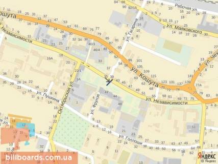 Сiтiлайт A у Тячеві вул. Незалежності, центр міста, вхід біля Універмагу, Ексім банку, напроти продуктового магазину, масове скупчення людей схема