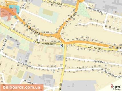 Ситилайт B в Тячеве вул. Незалежності, центр міста, біля страхової компанії Acsa та магазину Міленіум, автобусні зупинки, великий потік пішоходів схема