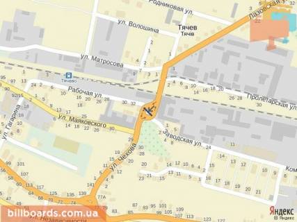 Билборд A в Тячеве м. Тячів вул.Чехова - Комсомольська, трансортна розв'язка що з'єднує вокзалиЖД / АВТО зі спальними районами. схема