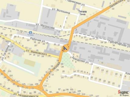 Билборд A в Тячеве м. Тячів вул.Чехова - Комсомольська, трансортна розв'язка що з'єднує вокзали ЖД АВТО зі спальними районами. схема