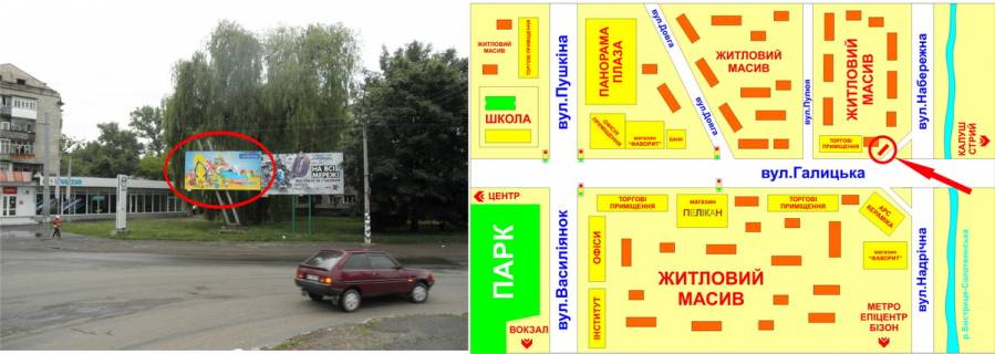 Билборд A в Ивано-Франковске, 3х6  Галицька ( міст )  в центр схема
