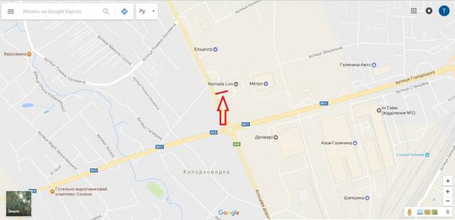 Білборд, Бігборд (Борд)  A у трасах Львіва, 3х12  вул.Городоцька біля Епіцентру (АЗС БРСМ, готель Рамада) (лівий) виїзд із міста схема
