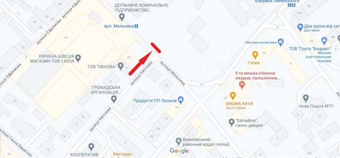 Ситилайт A в Львове, 1,2х1,8  Вул. Мельника, 21 ( зупинка «Мельника») схема