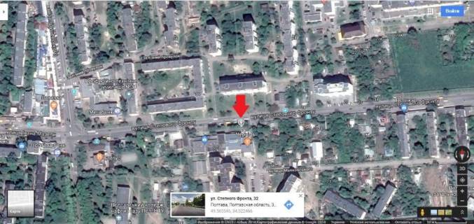 Билборд B в Полтаве, 3*6  м.Полтава,вул.Степового Фронту,30, з`єднує центр з мікрорайоном Алмазний,4-я поліклініка,медичний центр,стоматполіклініка,оптика. схема