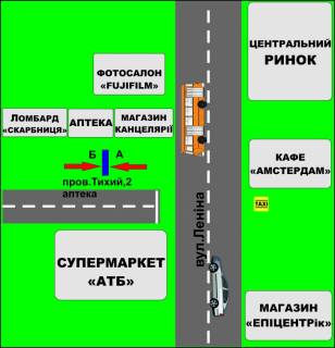 Билборд B в Бердичеве, 3х6  Ситилайт (2,16 м.кв.) Тихий, 2 (Аптека) схема