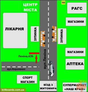 Билборд B в Бердичеве, 3х6  Бигборд (18м.кв.) Житомирская,  42 (Больница в центр) схема