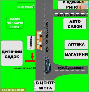 Билборд A в Бердичеве, 3х6  Бигборд (18м.кв.) Одеська, 51 (р. Красн.гора в центр) схема