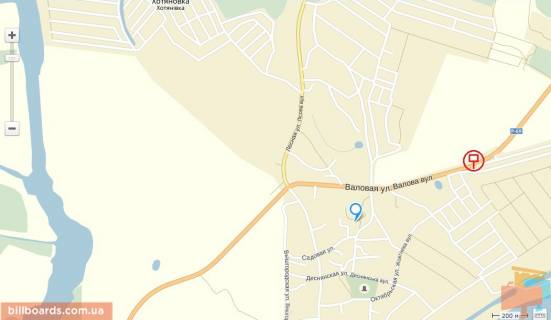 Билборд A в Хотяновке, 6x3  трасою Р-69 «Київ-Вишгород-Десна-Чернігів», у напрямку з м. Вишгород, 200 м. після повороту на пров. Валовий, праворуч схема