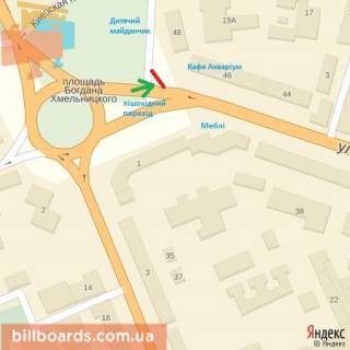 Билборд B в Берегово вул.Л.Толстого,46 (магазини,ресторани, дит.майданчик, пішохідний пер, напр.-пл.Ш.Петефі схема