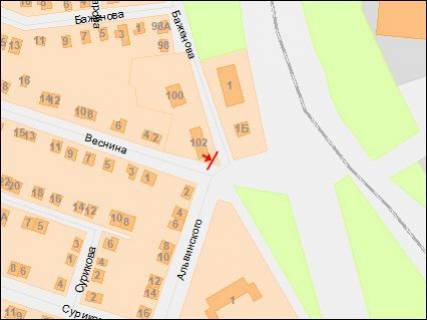 Білборд, Бігборд (Борд)  B у Дніпро (Дніпропетровськ), 3х6  Баженова ул., 102 - Веснина ул. - Альвинского ул., в центр схема