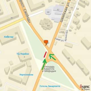 Билборд B в Ужгороде 3х4м пл.Кирила і Мефодія, піш.перехід, автоб,зуп, ТЦ Україна, напр.-просп.Свободи схема