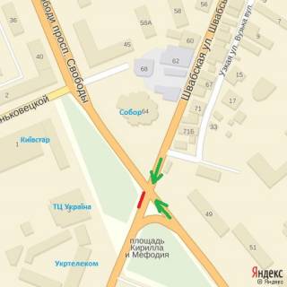 Билборд A в Ужгороде вул.Минайська-просп.Свободи(перехрестя), піш.перехід, автоб,зуп, ТЦ Україна, напр.-вул.Минайська схема