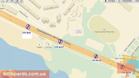 Білборд, Бігборд (Борд)  B у Запоріжжі Набережна магістраль - вул.Ніжнедніпровська, кафе "Сонечко", рух до вокзалу схема