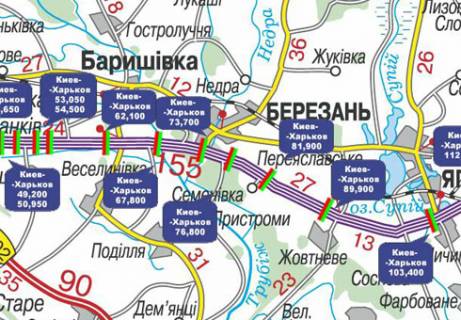 Нестандарт B в Березане, 3x18  Траса M-03, Київ - Харків, 76,800  (Напрямок з  Києва в Харків) схема