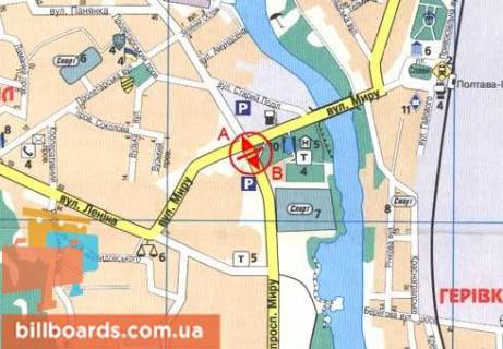 Билборд B в Полтаве, 3x6  Миру просп. — Миру вул. схема