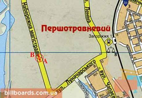 Білборд, Бігборд (Борд)  A у Запоріжжі, 3x6  Набережна магістраль, завод Комунар, цех №14 схема