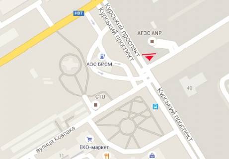 Білборд, Бігборд (Борд)  A у Сумах, 3x6  Перемоги просп. (Курський просп.) - Ковпака вул. схема