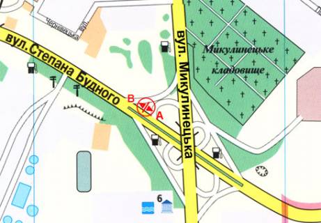 Білборд, Бігборд (Борд)  A у Тернополі, 3x6  Будного вул., - Микулинецька вул. схема