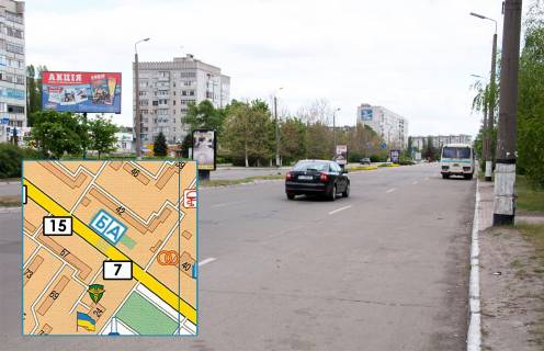 Билборд B в Горишние Плавни (Комсомольск), 3x6  просп. Героїв Дніпра, 42 (навпроти магазину «МаркетОПТ») центральна вулица фото 1