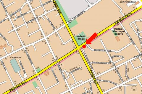 Ситилайт B в Житомире, 1.8x1.2  Київська вул., 98 / Згоди пл., навпроти ТЦ "Ярмарок", супермаркету "Ельдорадо" схема