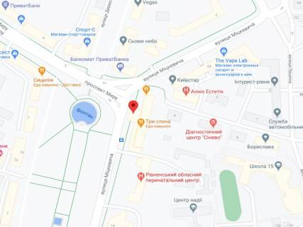 Видеоборд A у Рівному Міцкевича вул., 32, аптека "Волиньфарм", прайс за ролик 10 сек 1 вихід/5 хвилин, на двосторонньому екрані, від 144 виходів на день. Розрахунок для інших параметрів трансляції уточнюйте у менеджера. - 301500 схема