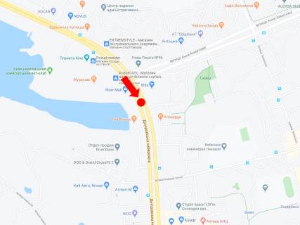 Видеоборд A у Києві, 2.3x3.14  Дніпровська набережна вул., 49 - вул. Ахматової, раделітель, біля ТРЦ "River Mall", світлофор, в бік пр. Бажана - 291554 схема