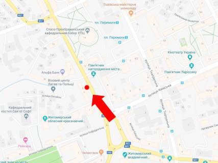 Сiтiлайт  у Житомирі, 1.8x1.2  Перемоги вул., 3, зупинка "Перемоги пл.", центр, в сторону вул. М. Грушевського схема