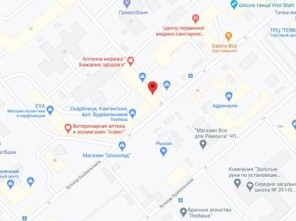 Білборд, Бігборд (Борд)  A у Кам'янське (Дніпродзержинськ) Будівельників бул., 7, аптека "Мед Сервіс", №Дп108, прайс за ролик 10 сек 1 вихід/5 хвилин, з 8:00-22:00. Розрахунок для інших параметрів трансляції уточнюйте у менеджера. схема