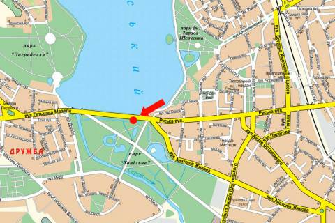 Ситилайт B в Тернополе, 1.8x1.2  Руська вул., біля парку "Топільче", дамба, з центру схема