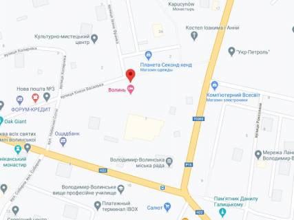 Видеоборд A в Владимир (Владимир-Волынский) Василька вул., 1а, аптека "Волиньфарм", прайс за ролик 10 сек 1 вихід/5 хвилин, на двосторонньому екрані, від 144 виходів на день. Розрахунок для інших параметрів трансляції уточнюйте у менеджера. - 301299 схема