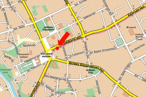 Сiтiлайт  у Житомирі, 1.8x1.2  Київська вул., 4, біля костелу, навпроти готелю "Україна", Укрсиббанку схема