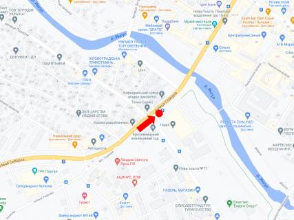 Билборд  в Кропивницкий (Кировоград), 3x6  В. Перспективна вул. (кол. Маркса вул.) / Верхня Пермська вул., біля спортивної школи "Надія", в бік центрального ринку схема