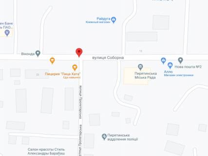 Видеоборд A у Пирятині Соборна вул., 28, аптека "Вітамін", прайс за ролик 10 сек 1 вихід/5 хвилин, з 8:00-22:00. Розрахунок для інших параметрів трансляції уточнюйте у менеджера. - 301485 схема