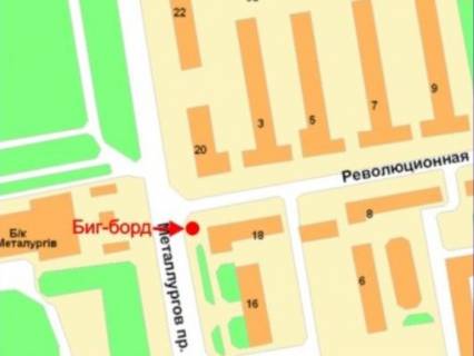 Билборд B в Кривом Роге, 3x6  Металургів пр., 18 - Тільги (кол. Революційна) вул., стадіон "Металлург", у бік Криворіжсталі (кол. Орджоникидзе) вул., нижній схема