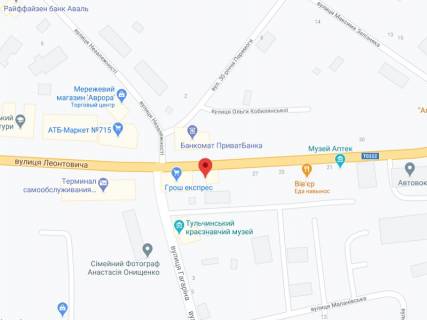 Видеоборд A у Тульчині Леонтовича вул., 31/2, аптека "Конекс", прайс за ролик 10 сек 1 вихід/5 хвилин, на двосторонньому екрані, від 144 виходів на день. Розрахунок для інших параметрів трансляції уточнюйте у менеджера. - 301564 схема