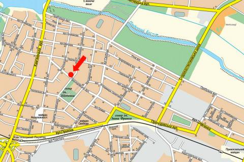 Ситилайт A в Хмельницком, 1.8x1.2  Проскурівська вул. / Грушевского вул., біля парку ім. Шевченка, кінотеатр ім. Шевченка схема