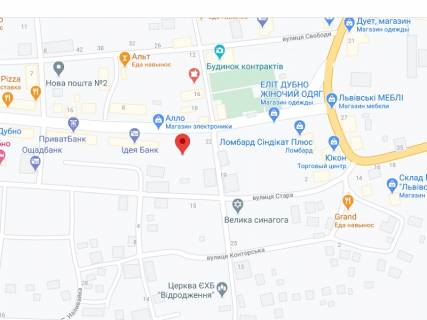 Видеоборд A в Дубно Галицького вул., 1Б, аптека "Мед Сервіс", №Л006, прайс за ролик 10 сек 1 вихід/5 хвилин, з 8:00-22:00. Розрахунок для інших параметрів трансляції уточнюйте у менеджера. - 301348 схема