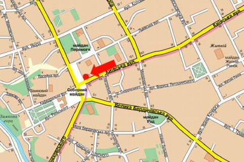 Сiтiлайт  у Житомирі, 1.8x1.2  Київська вул., 1 / Соборна пл., біля центру обслуговування абонентів "Київстар" схема