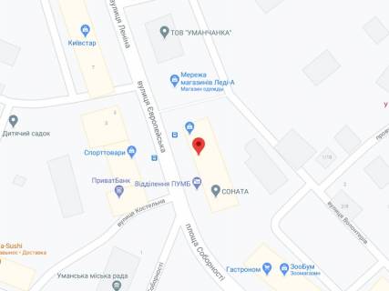 Видеоборд A в Умане Європейська вул., 8, аптека "Конекс", прайс за ролик 10 сек 1 вихід/5 хвилин, на двосторонньому екрані, від 144 виходів на день. Розрахунок для інших параметрів трансляції уточнюйте у менеджера. - 301571 схема
