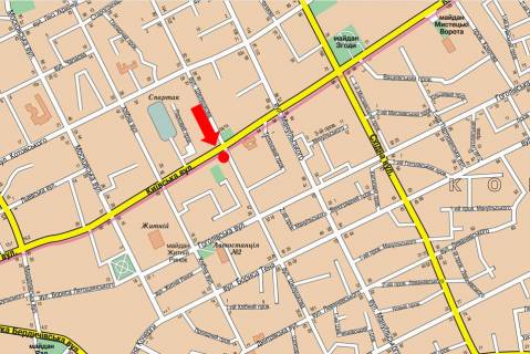 Білборд, Бігборд (Борд)  A у Житомирі, 3x6  Князів Острозьких вул. (кол. Шелушкова вул.) / Київська вул., біля Укргазбанку, на світлофорі схема